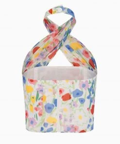 Trendy & Unique Cute Floral Printed Cross Halter Zip Back Crop Tube Top - Colorful