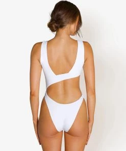 Trendy & Unique What's New Asymmetric Cutout High Leg Suspender Strap V Neck One Piece Swimsuit - White