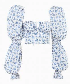 Trendy & Unique Cute Bustier Tied Front Floral Printed Puff Sleeve Crop Top - White