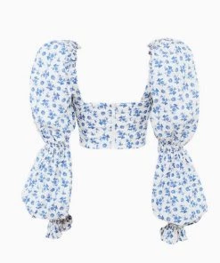 Trendy & Unique Cute Bustier Tied Front Floral Printed Puff Sleeve Crop Top - White