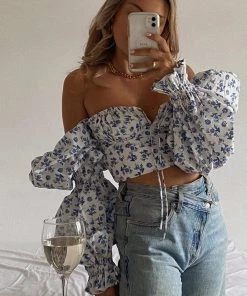 Trendy & Unique Cute Bustier Tied Front Floral Printed Puff Sleeve Crop Top - White