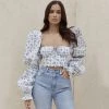 Trendy & Unique Cute Bustier Tied Front Floral Printed Puff Sleeve Crop Top - White
