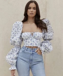 Trendy & Unique Cute Bustier Tied Front Floral Printed Puff Sleeve Crop Top - White