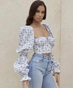 Trendy & Unique Cute Bustier Tied Front Floral Printed Puff Sleeve Crop Top - White