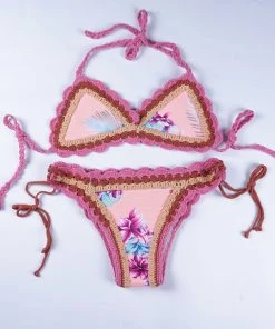 Trendy & Unique Boho Style Floral Scalloped Crochet Halter Triangle Bikini Set - Flower