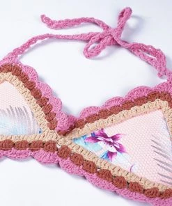 Trendy & Unique Boho Style Floral Scalloped Crochet Halter Triangle Bikini Set - Flower