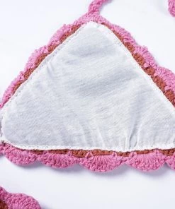 Trendy & Unique Boho Style Floral Scalloped Crochet Halter Triangle Bikini Set - Flower