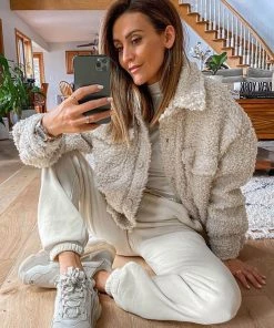 Trendy & Unique Fluffy Collared Button Down Long Sleeve Faux Fur Shacket - Beige What's New