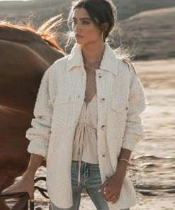 Trendy & Unique Fluffy Collared Button Down Long Sleeve Faux Fur Shacket - Beige What's New