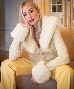 Trendy & Unique Fluffy Collared Long Sleeve Button Down Rib Knit Cardigan - Cream What's New