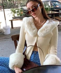 Trendy & Unique Fluffy Collared Long Sleeve Button Down Rib Knit Cardigan - Cream What's New