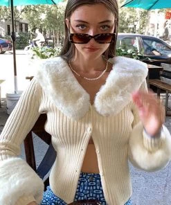 Trendy & Unique Fluffy Collared Long Sleeve Button Down Rib Knit Cardigan - Cream What's New