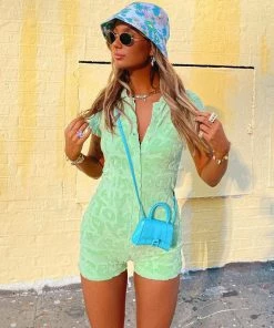 Trendy & Unique Fluffy Letter Embossed Sleeved Button Down Collared Romper - Green