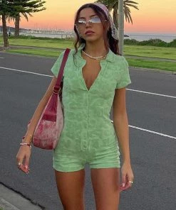 Trendy & Unique Fluffy Letter Embossed Sleeved Button Down Collared Romper - Green