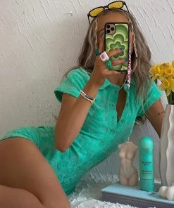 Trendy & Unique What's New Fluffy Letter Embossed Sleeved Button Down Collared Romper - Lake Green 8 Trendy & Unique What's New Fluffy Letter Embossed Sleeved Button Down Collared Romper - Lake Green