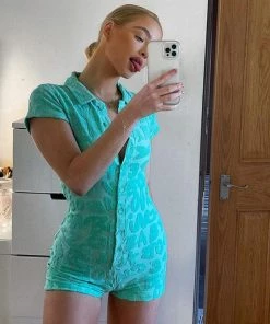 Trendy & Unique What's New Fluffy Letter Embossed Sleeved Button Down Collared Romper - Lake Green 9 Trendy & Unique What's New Fluffy Letter Embossed Sleeved Button Down Collared Romper - Lake Green