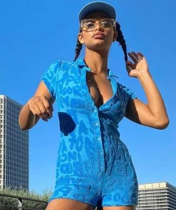 Trendy & Unique What's New Fluffy Letter Embossed Sleeved Button Down Collared Romper - Blue 9 Trendy & Unique What's New Fluffy Letter Embossed Sleeved Button Down Collared Romper - Blue