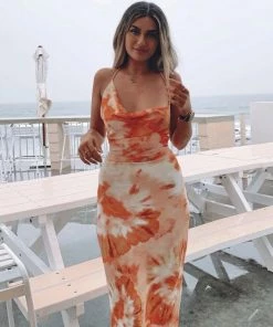 Trendy & Unique Fresh Floral Print Cowl Neck Backless Maxi Dress - Burnt Orange What's New