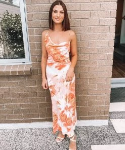 Trendy & Unique Fresh Floral Print Cowl Neck Backless Maxi Dress - Burnt Orange What's New