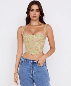 Trendy & Unique Fresh Floral Print Suspender Strap Crop Corset Top - Pink