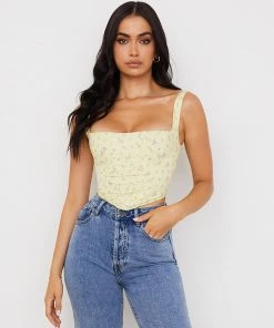 Trendy & Unique What's New Fresh Floral Print Suspender Strap Crop Corset Top - Yellow