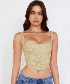 Trendy & Unique Fresh Floral Print Suspender Strap Crop Corset Top - Pink