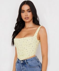 Trendy & Unique What's New Fresh Floral Print Suspender Strap Crop Corset Top - Yellow