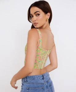Trendy & Unique Fresh Floral Print Suspender Strap Crop Corset Top - Pink