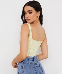 Trendy & Unique What's New Fresh Floral Print Suspender Strap Crop Corset Top - Yellow
