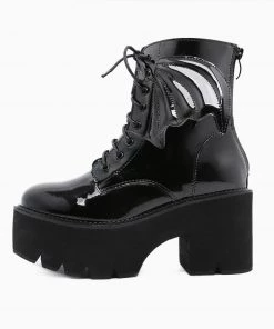 Trendy & Unique Playful Wing Lace Up Zip Back Chunky Heel Platform Boots - Black