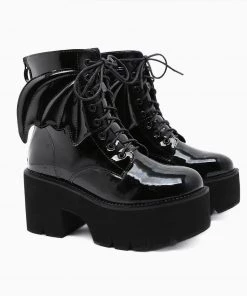 Trendy & Unique Playful Wing Lace Up Zip Back Chunky Heel Platform Boots - Black