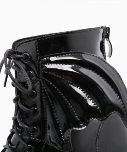 Trendy & Unique Playful Wing Lace Up Zip Back Chunky Heel Platform Boots - Black