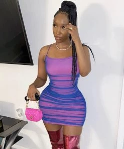 Trendy & Unique Futurist Floss Strap Mesh Bodycon Ruched Slip Mini Dress - Rose What's New