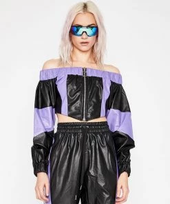 Trendy & Unique What's New Futuristic Color Block Off Shoulder Zip Front Crop Leather Top - Black