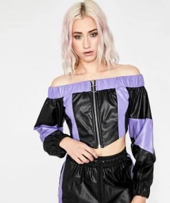 Trendy & Unique What's New Futuristic Color Block Off Shoulder Zip Front Crop Leather Top - Black