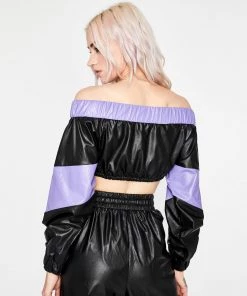 Trendy & Unique What's New Futuristic Color Block Off Shoulder Zip Front Crop Leather Top - Black