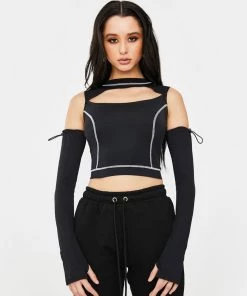 Trendy & Unique What's New Futuristic Style High Neck Cut Out Long Sleeve Crop Top - Black