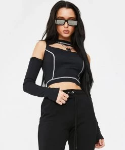 Trendy & Unique What's New Futuristic Style High Neck Cut Out Long Sleeve Crop Top - Black