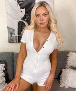 Trendy & Unique What's New Fuzzy Deep V Neck Short Sleeve Button Up Romper - White