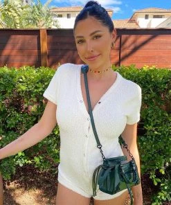 Trendy & Unique What's New Fuzzy Deep V Neck Short Sleeve Button Up Romper - White