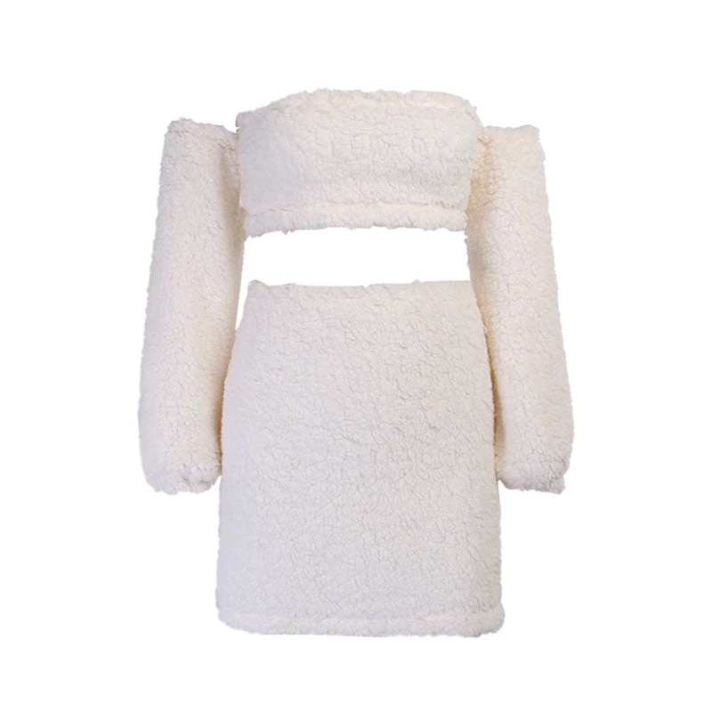 Trendy & Unique Fuzzy Lace Up Tube Top Long Sleeve Skirt Matching Set - White What's New 6 Trendy & Unique Fuzzy Lace Up Tube Top Long Sleeve Skirt Matching Set - White What's New