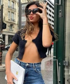 Trendy & Unique What's New Fuzzy Letter Chain Open Front Long Sleeve Ribbed Crop Cardigan - Black