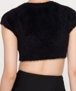 Trendy & Unique What's New Fuzzy Letter Chain Open Front Long Sleeve Ribbed Crop Cardigan - Black