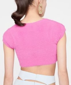 Trendy & Unique Fuzzy Letter Chain Open Front Long Sleeve Ribbed Crop Cardigan - Rose What's New