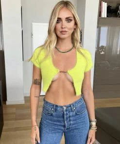 Trendy & Unique Fuzzy Letter Chain Open Front Long Sleeve Ribbed Crop Cardigan - Yellow What's New