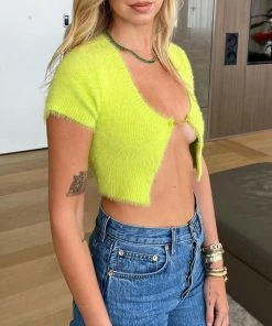 Trendy & Unique Fuzzy Letter Chain Open Front Long Sleeve Ribbed Crop Cardigan - Yellow What's New