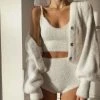 Trendy & Unique What's New Fuzzy Long Sleeve Cardigan Crop Cardigan Matching Set - White