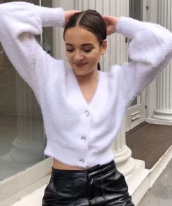 Trendy & Unique What's New Fuzzy Long Sleeve Cardigan Crop Cardigan Matching Set - White