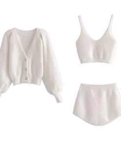 Trendy & Unique What's New Fuzzy Long Sleeve Cardigan Crop Cardigan Matching Set - White