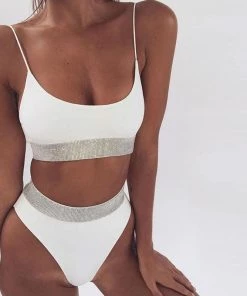 Trendy & Unique Glitter Banded High Waist High Leg Bralette Bikini Set - White What's New